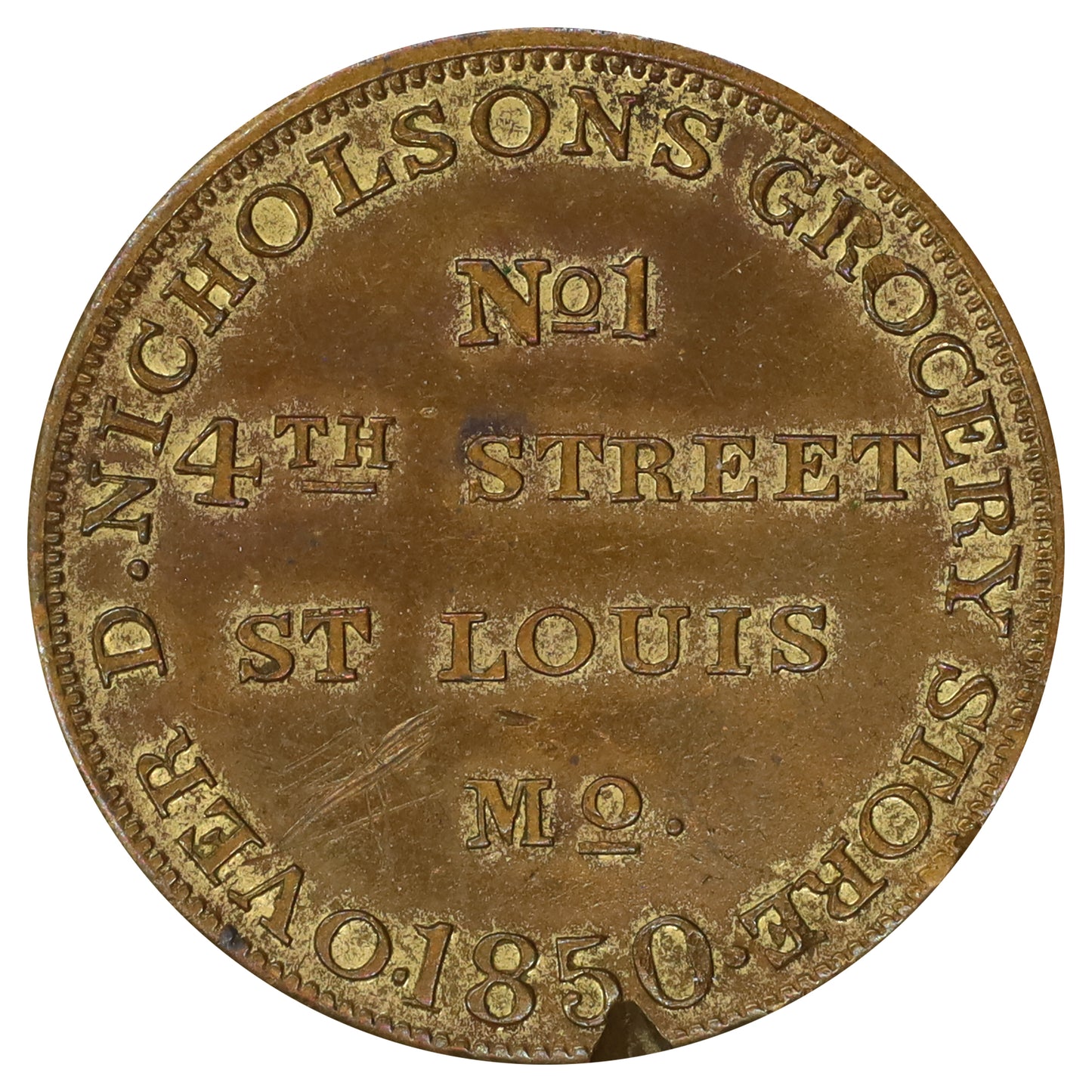 1850 USA Fitzgibbon Daguerreotype Gallery, Nicholson's Grocery, St. Louis, MO Token