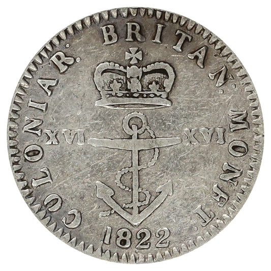 NC-1D4 1822 British Colonies Anchor Money, 1/16 Dollar, Wide 8, Wide Date Fine (F12)