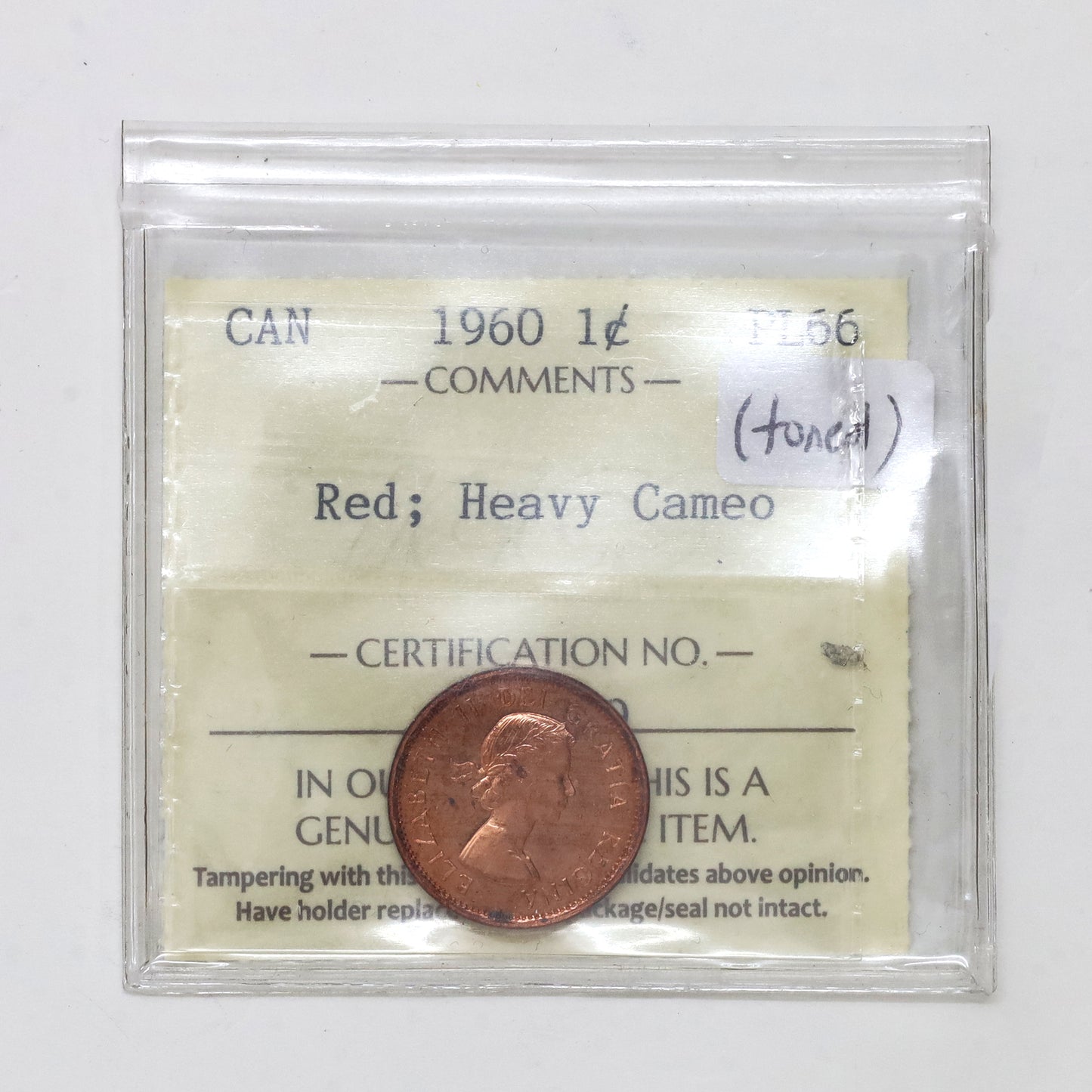 1960 Canada 1-cent ICCS Certified PL66 Red; Heavy Cameo (Toned)