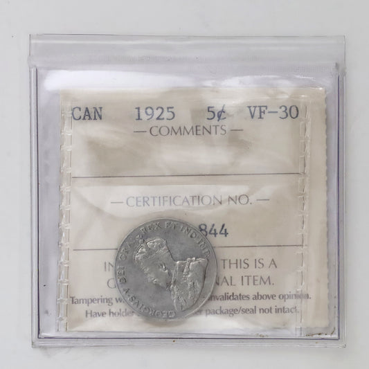 1925 Canada 5-cents ICCS Certified VF30 (Scratched)