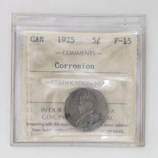 1925 Canada 5-cents ICCS Certified F15 (Corrosion)