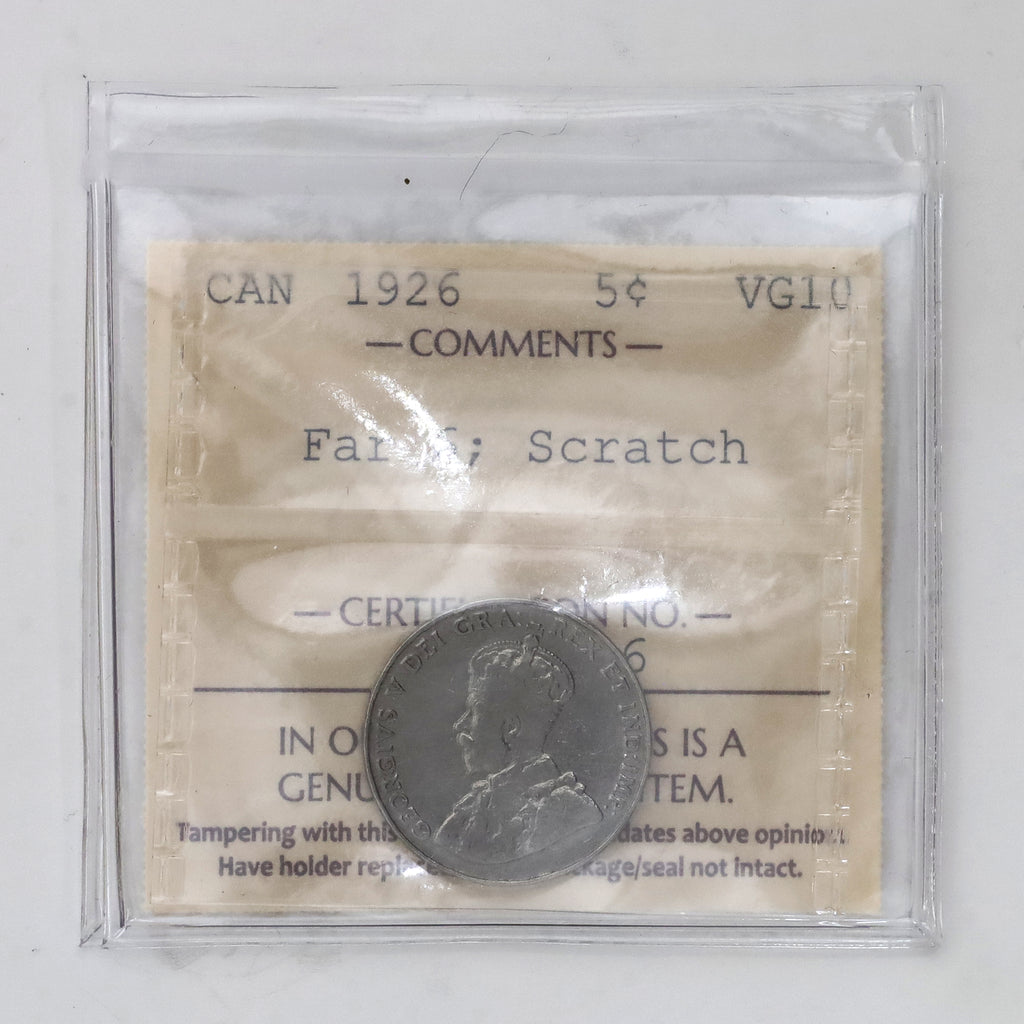 1926 Far 6 Canada 5-cents ICCS Certified VG10 (Scratched)