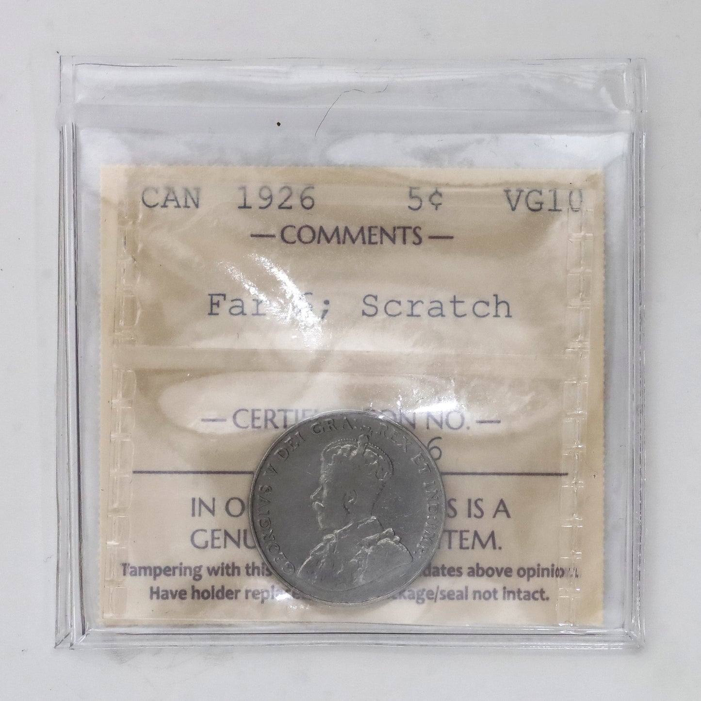 1926 Far 6 Canada 5-cents ICCS Certified VG10 (Scratched)