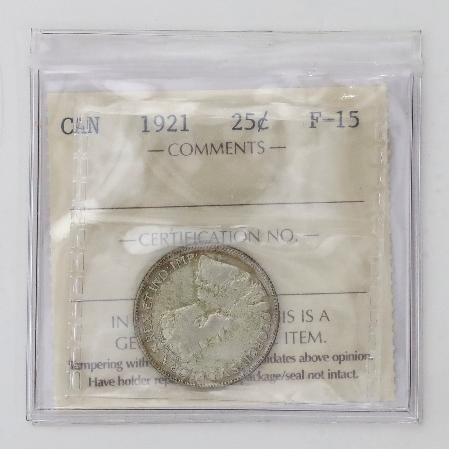 1921 Canada 25-cents ICCS Certified F14 (Toned)