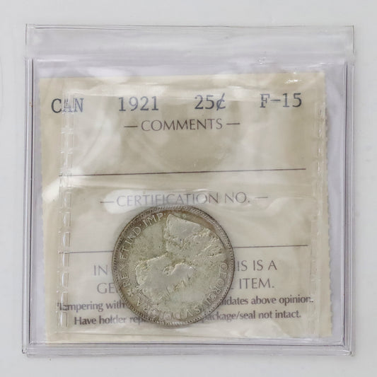 1921 Canada 25-cents ICCS Certified F14 (Toned)