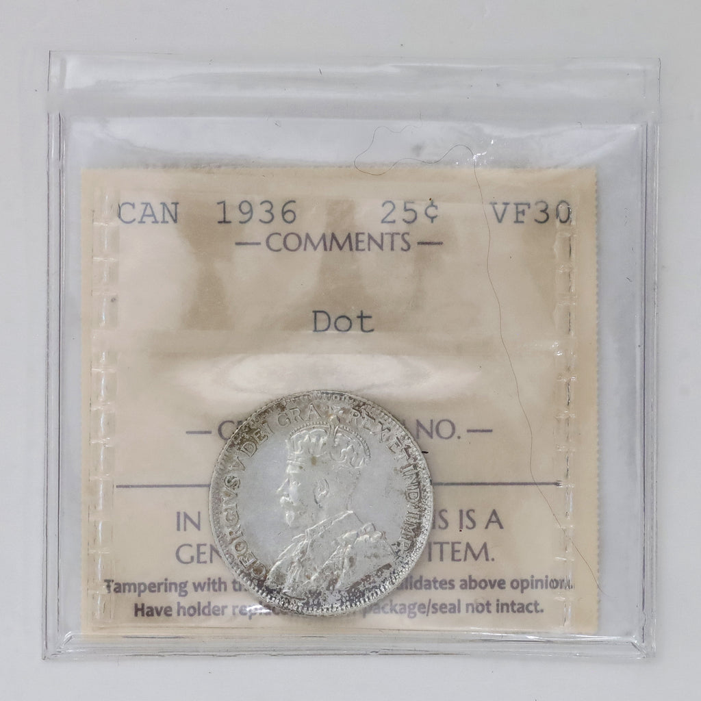1936 Dot Canada 25-cents ICCS Certified VF30 (Toned)
