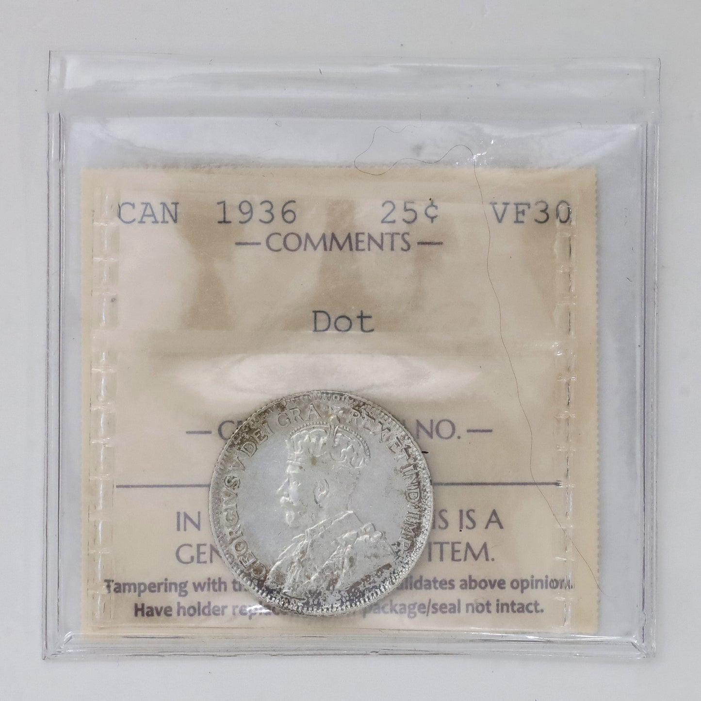 1936 Dot Canada 25-cents ICCS Certified VF30 (Toned)