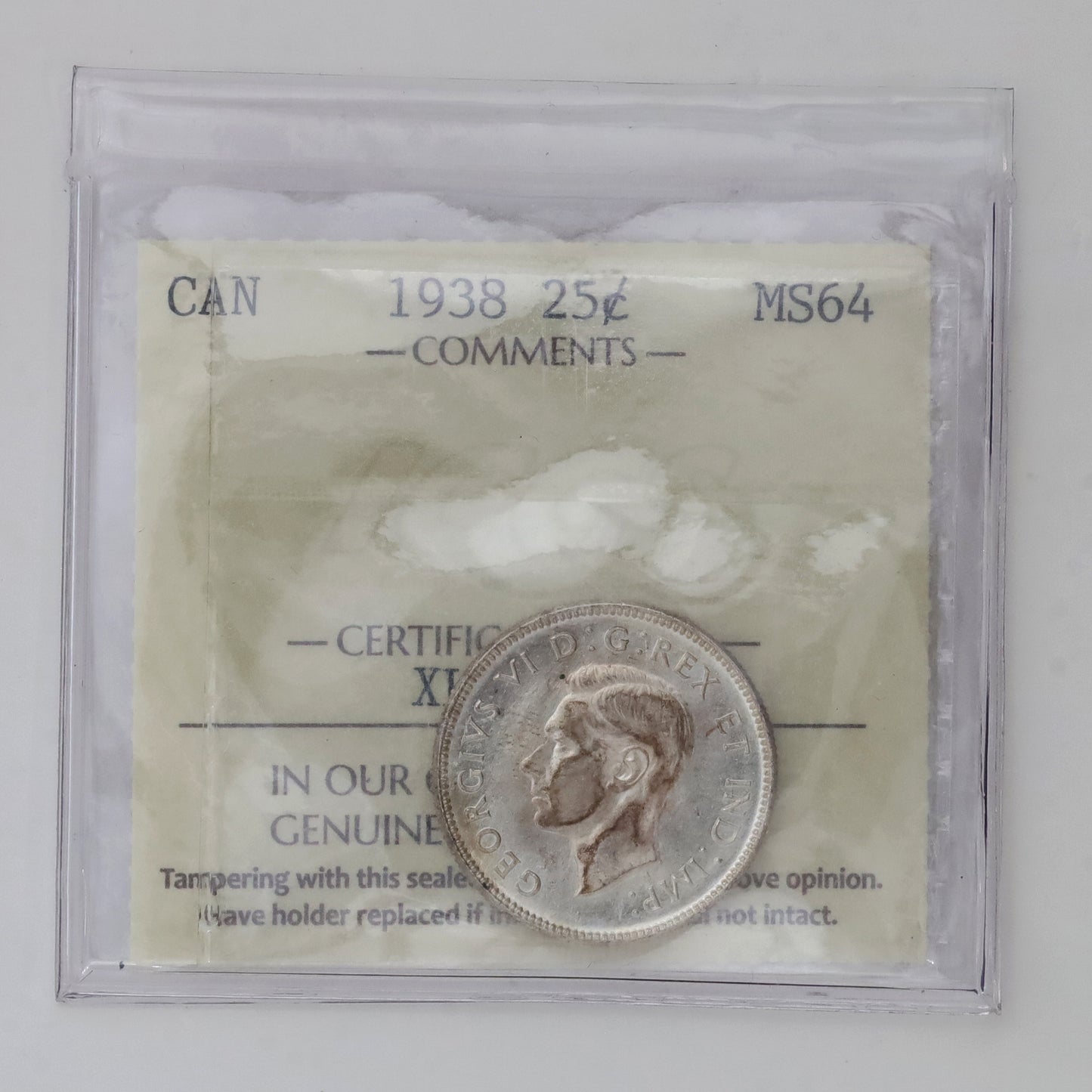 1938 Canada 25-cents ICCS Certified MS64 (Toned)