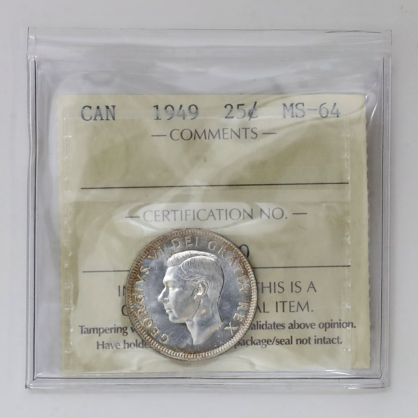 1949 Canada 25-cents ICCS Certified MS64 (Toned)