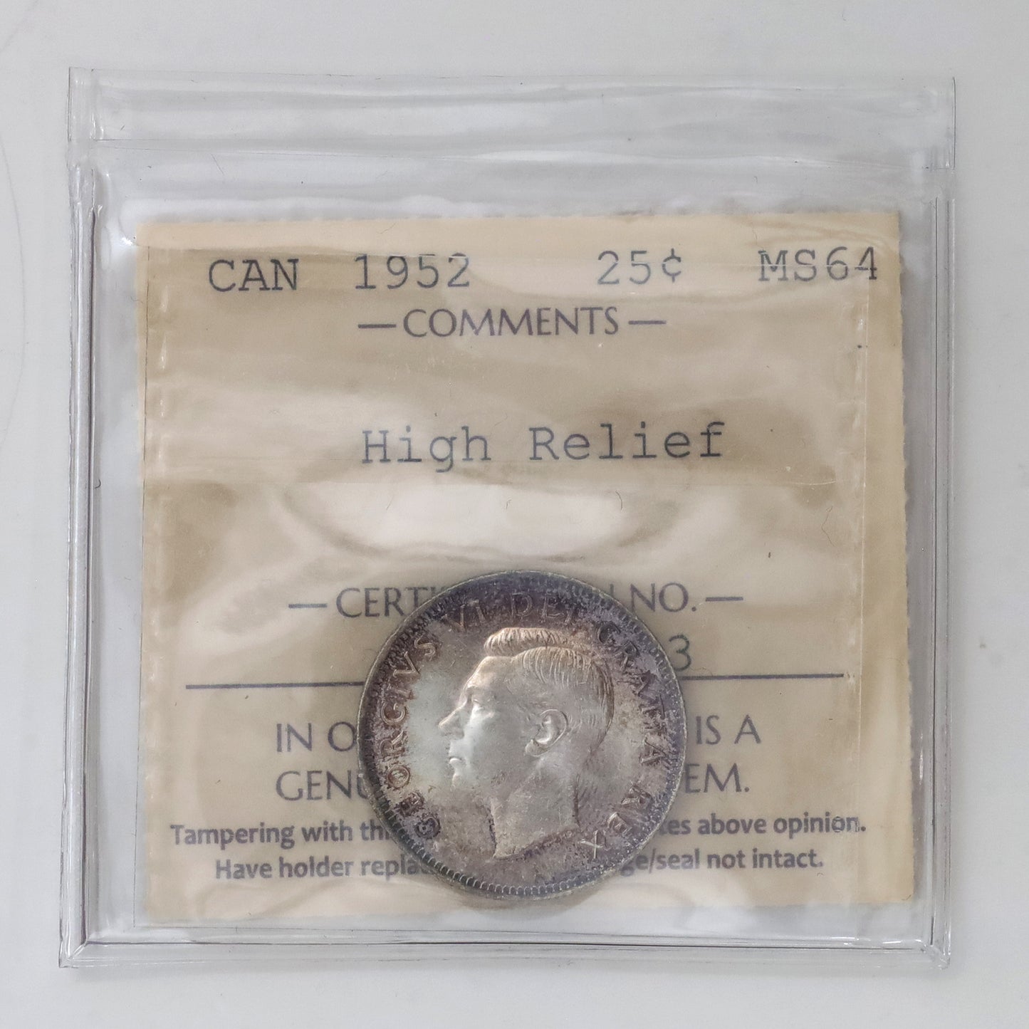 1952 Canada 25-cents ICCS Certified MS64 High Relief (Toned)