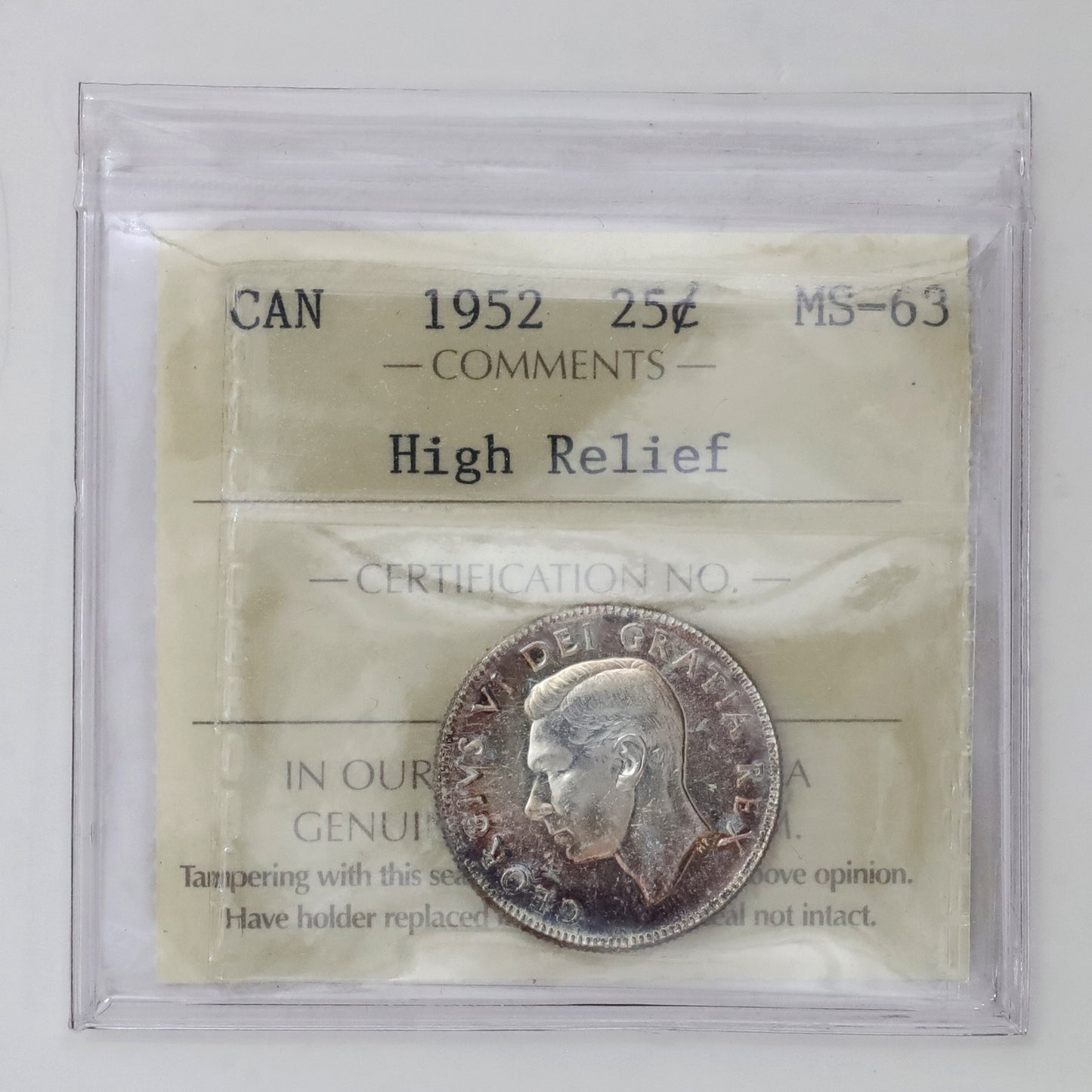 1952 Canada 25-cents ICCS Certified MS63 High Relief (Toned)