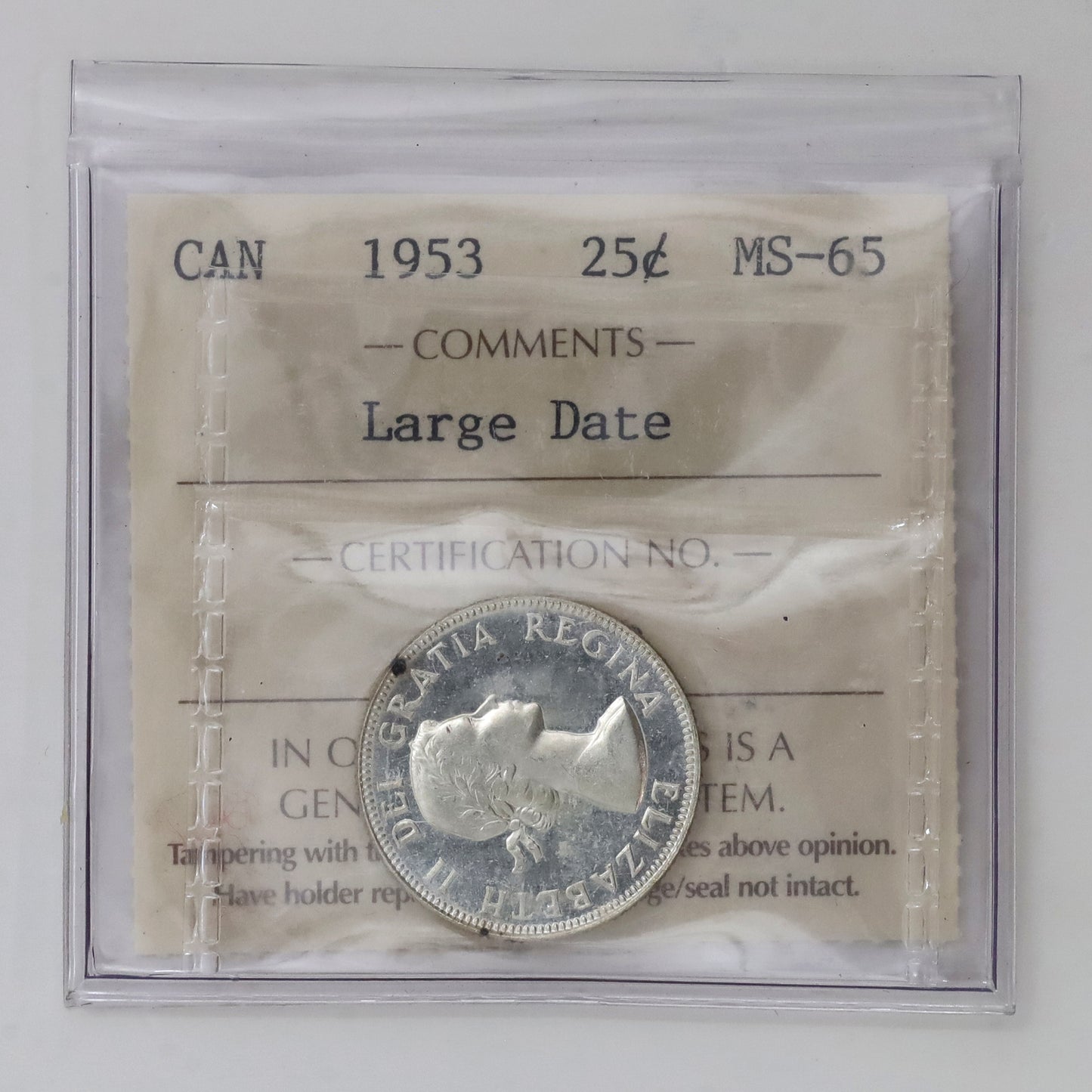 1953 Large Date Canada 25-cents ICCS Certified MS65 (Toned)