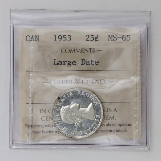 1953 Large Date Canada 25-cents ICCS Certified MS65 (Toned)