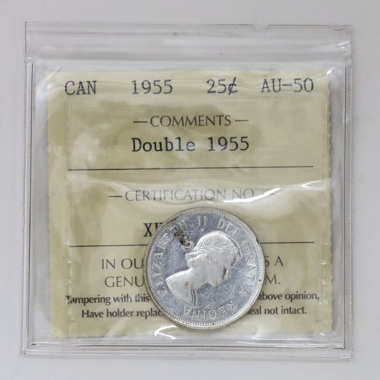 1955 Double 1955 Canada 25-cents ICCS Certified AU50 (Toned)
