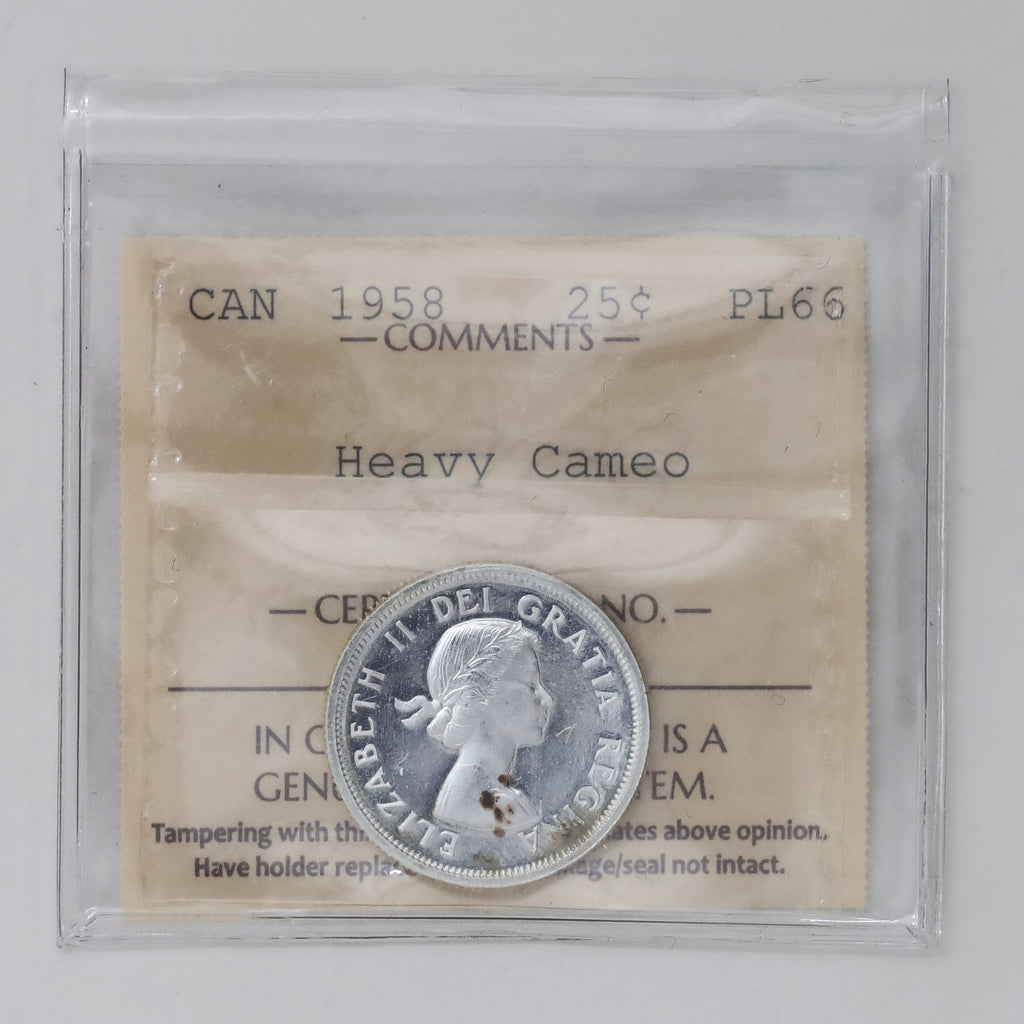 1958 Canada 25-cents ICCS Certified PL66 Heavy Cameo (Spots)