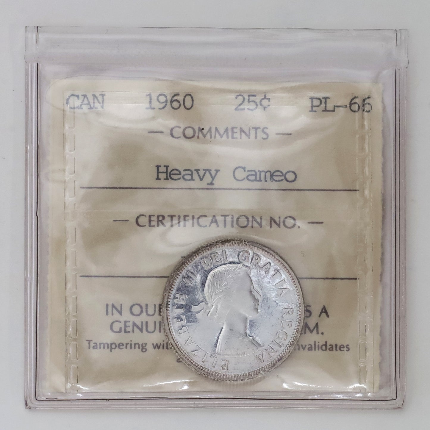 1960 Canada 25-cents ICCS Certified PL66 Heavy Cameo (Toned)