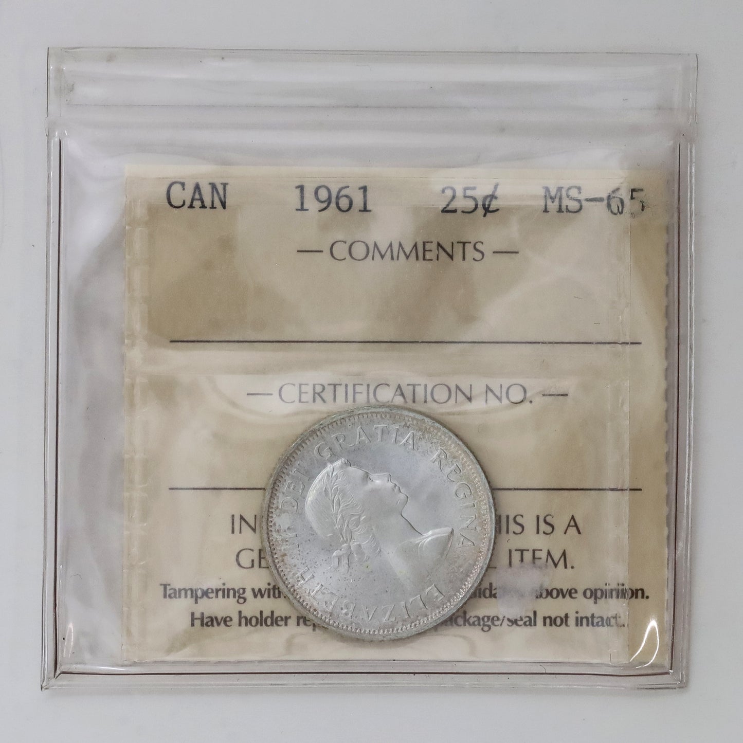 1961 Canada 25-cents ICCS Certified MS65 (Toned)