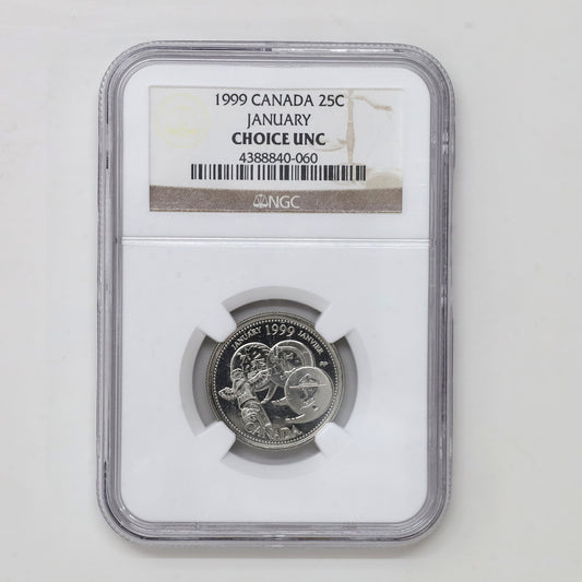 1999 January Canada 25-cents NGC Certified Choice Uncirculated (MS64)