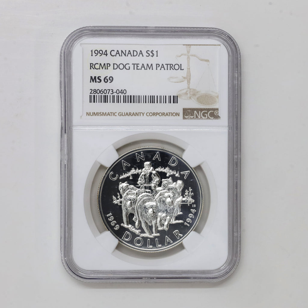 1994 Canada RCMP Dog Team Patrol Sterling Silver Dollar NGC Certified MS69