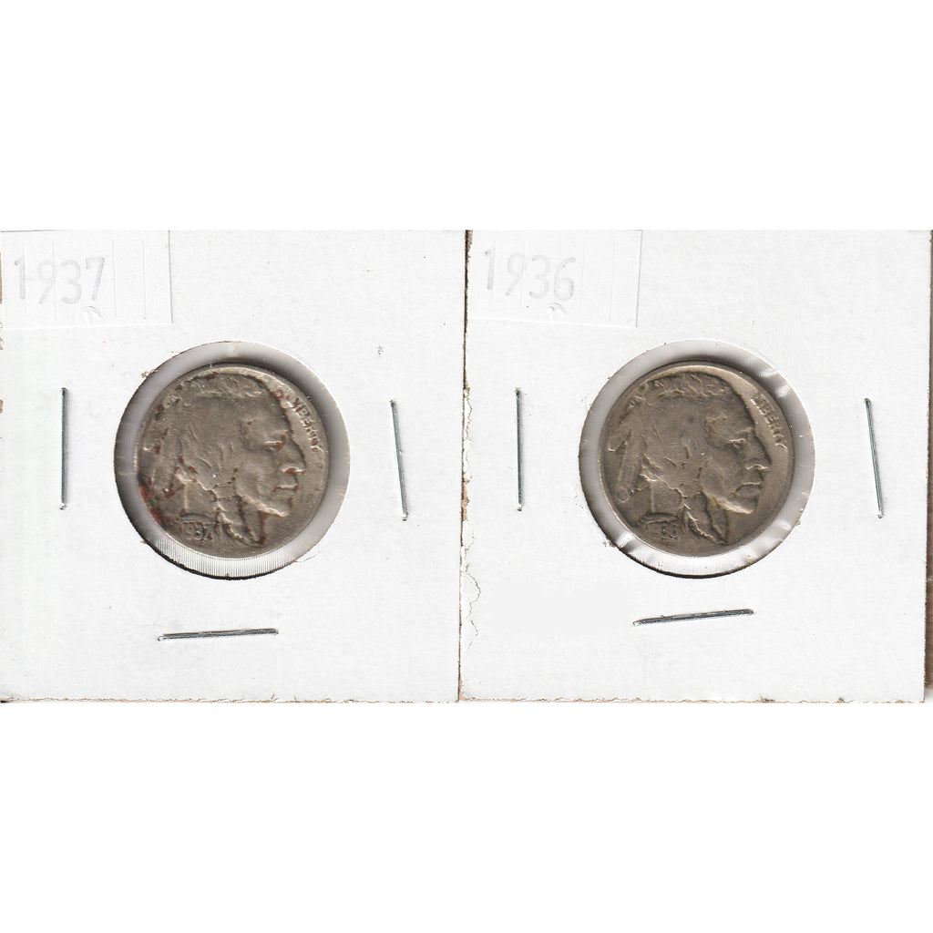 Pair of 1936 & 1937 USA Nickels (Indian Head/Buffalo Design), 2Pcs