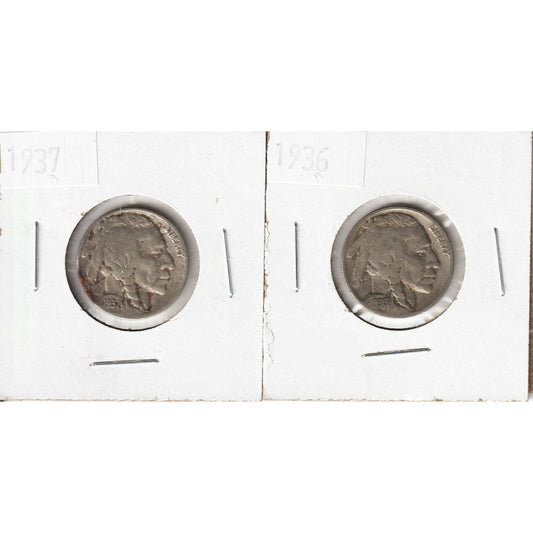 Pair of 1936 & 1937 USA Nickels (Indian Head/Buffalo Design), 2Pcs