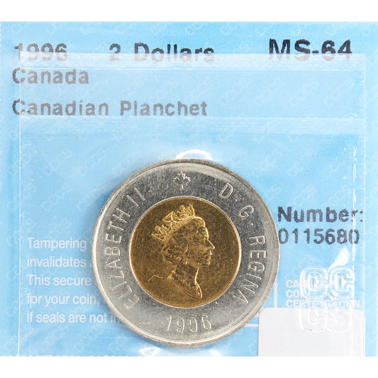 1996 Canadian Planchet Canada Two Dollar CCCS Certified MS64