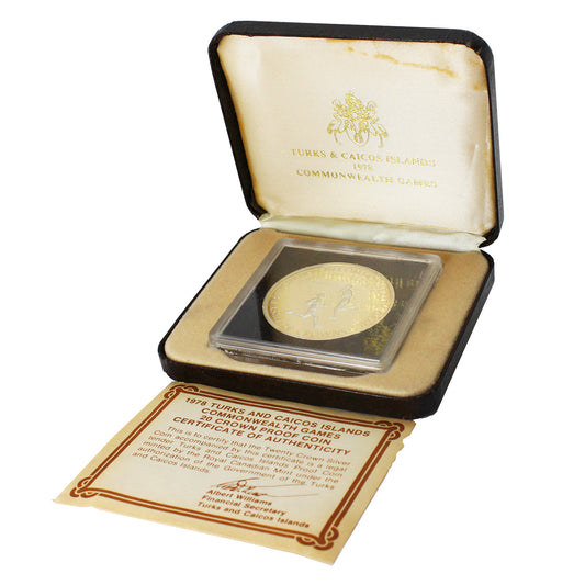 Turks & Caicos 1978 20 Crowns Commonwealth Games Sterling Proof in Box (Impaired)