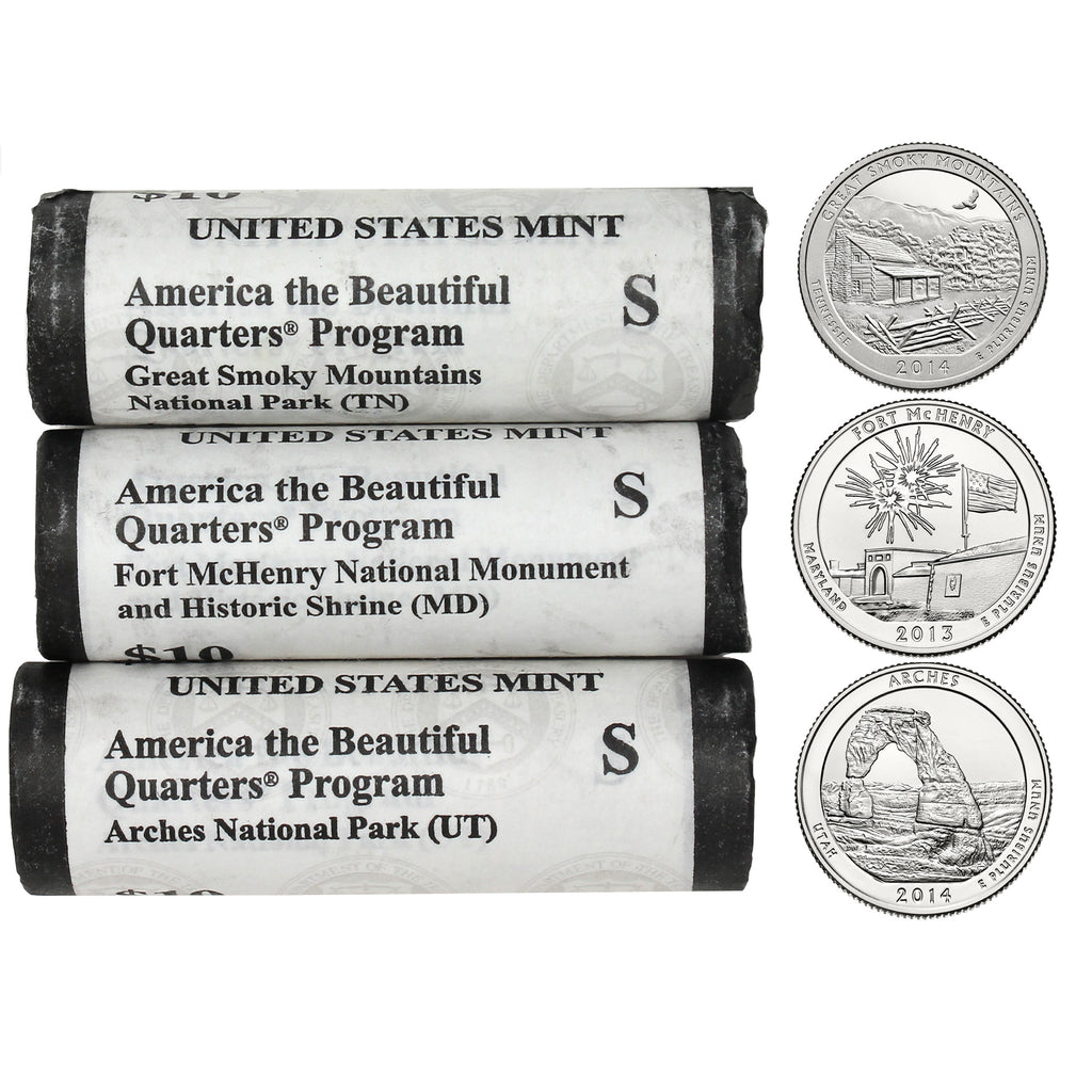 Lot of 3x 2014 S America the Beautiful USA Quarter Rolls, 3Pcs