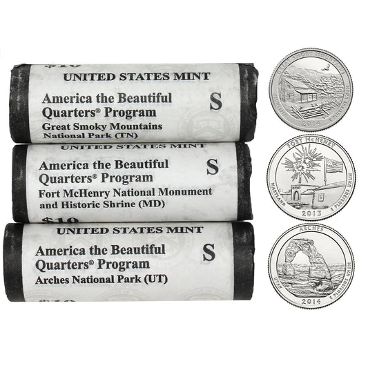 Lot of 3x 2014 S America the Beautiful USA Quarter Rolls, 3Pcs