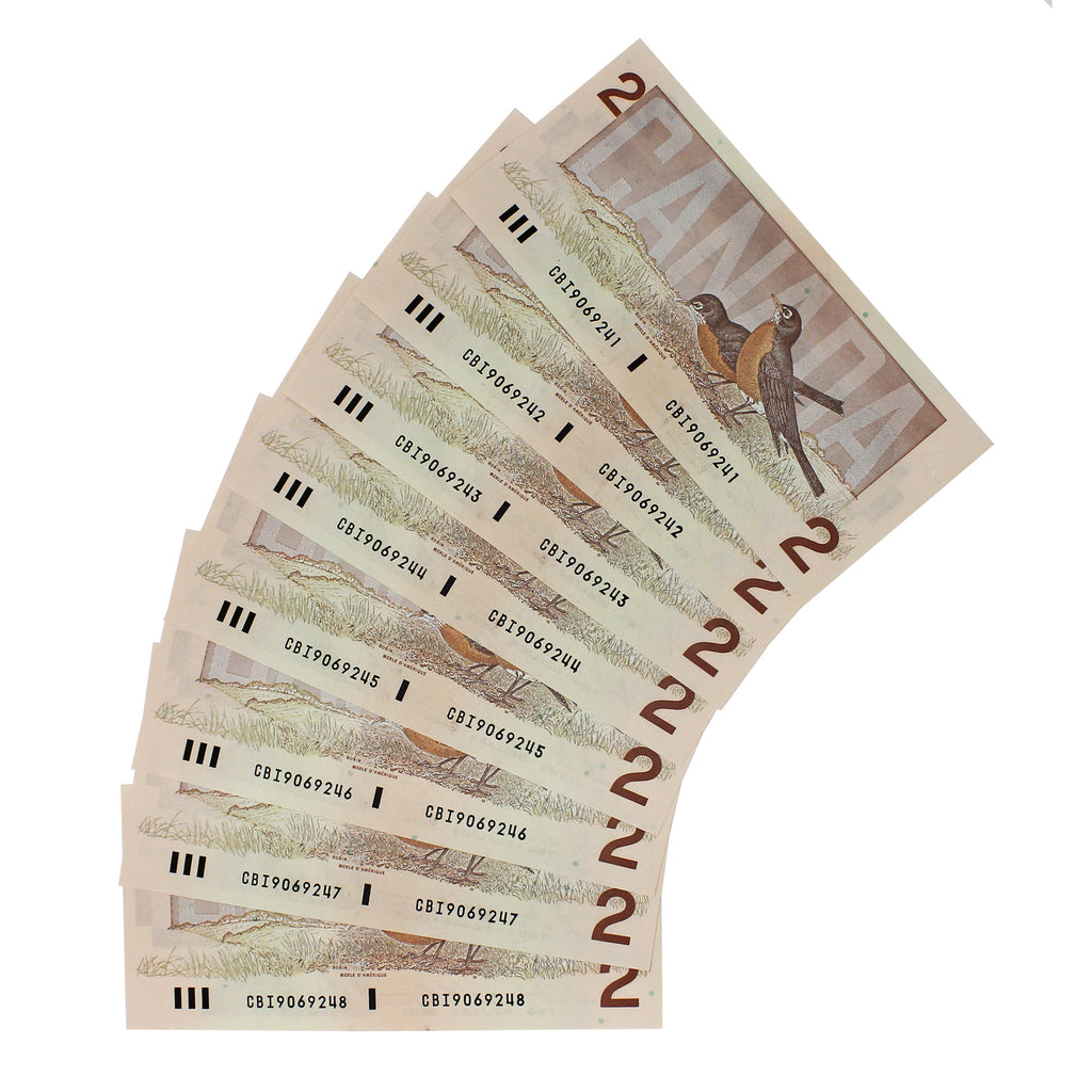 Lot of 8x Sequential 1986 Canada $2 Notes, B-T, CBI, ~AU to UNC, 8Pcs