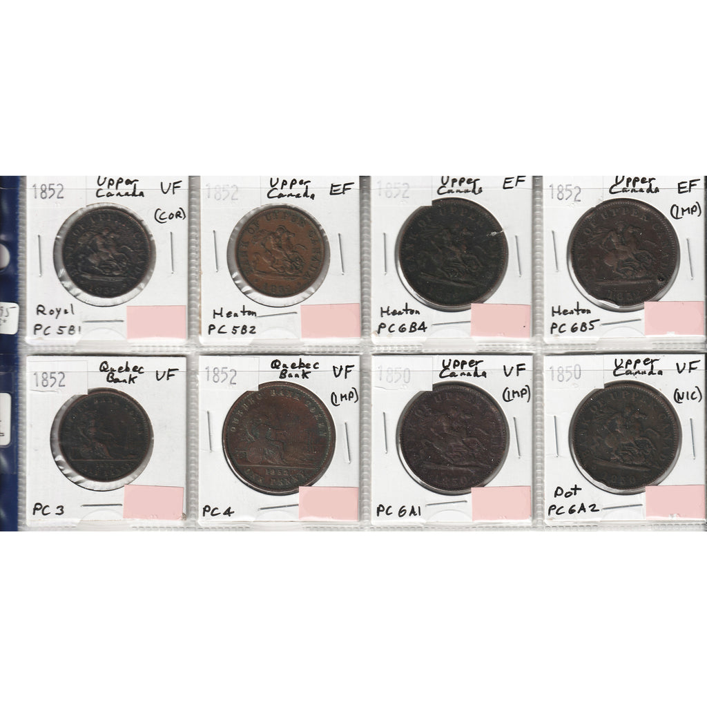 Lot of 8x 1850 & 1852 Province of Canada Bank Tokens VF or EF (Issues)