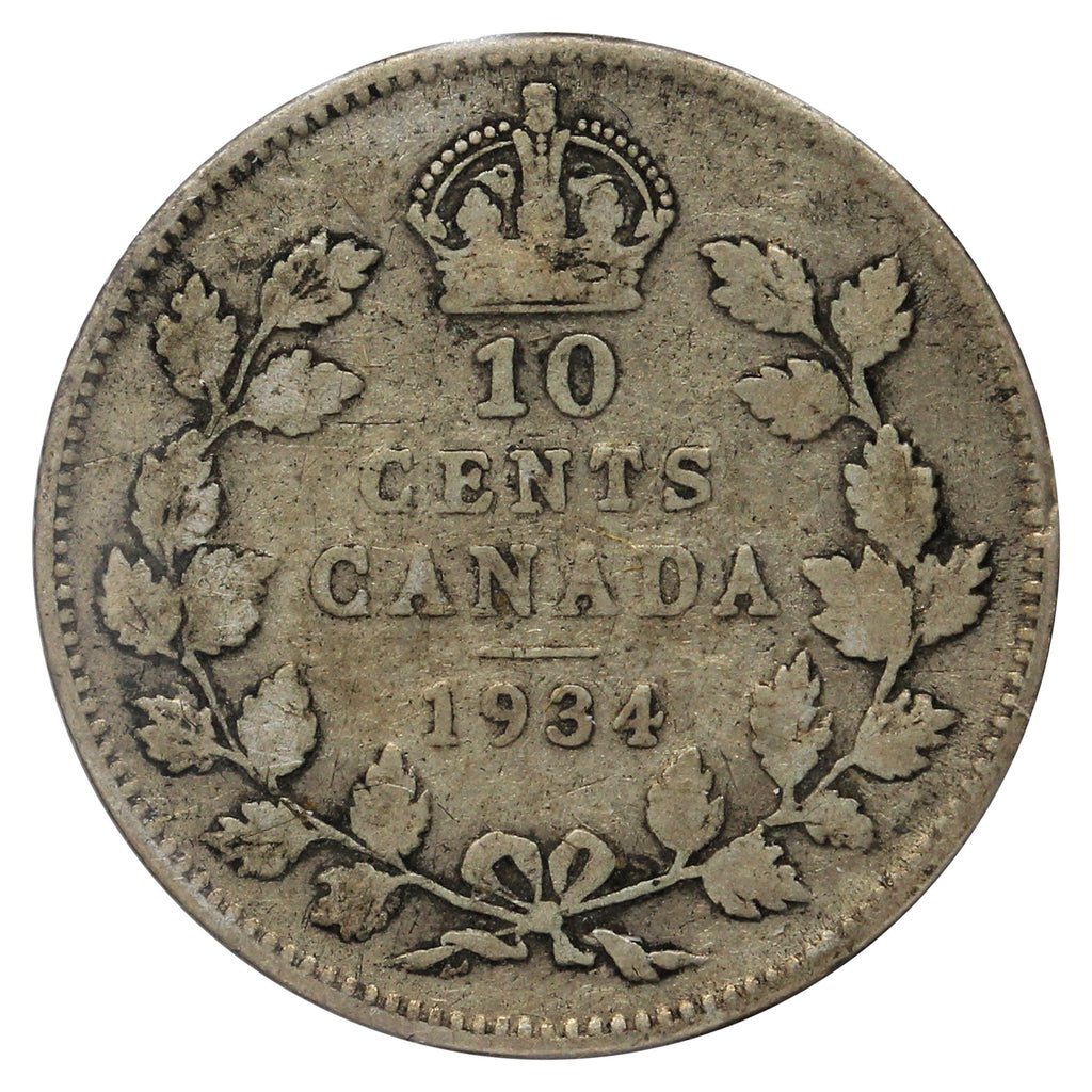 1934 Canada 10-cents G-VG (G6) Scratched, Cleaned, or impaired