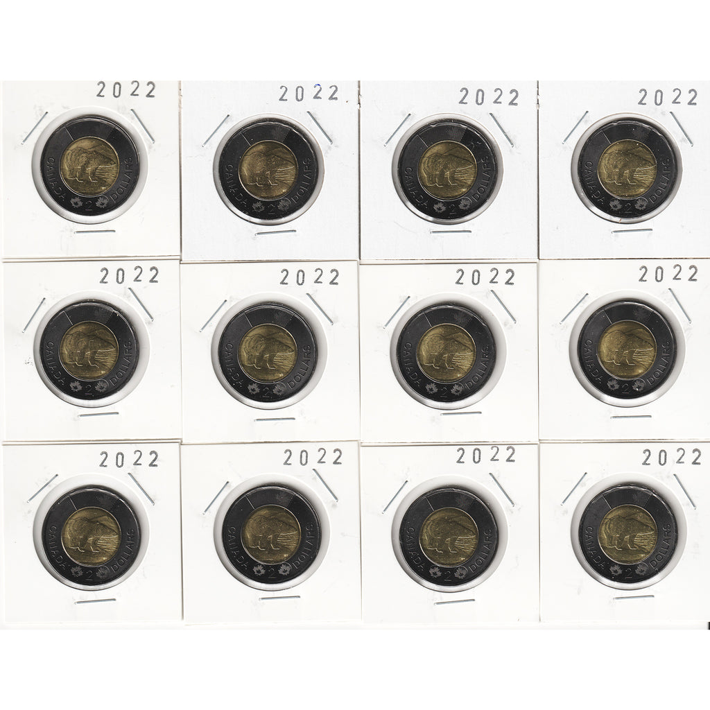 Lot of 12x 2022 Black Ring Canada Two Dollars, 12Pcs