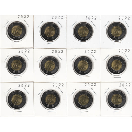 Lot of 12x 2022 Black Ring Canada Two Dollars, 12Pcs
