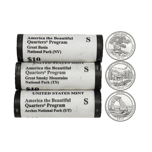 Lot of 3x 2013-2014 S USA America the Beautiful Quarter Rolls, 3Pcs