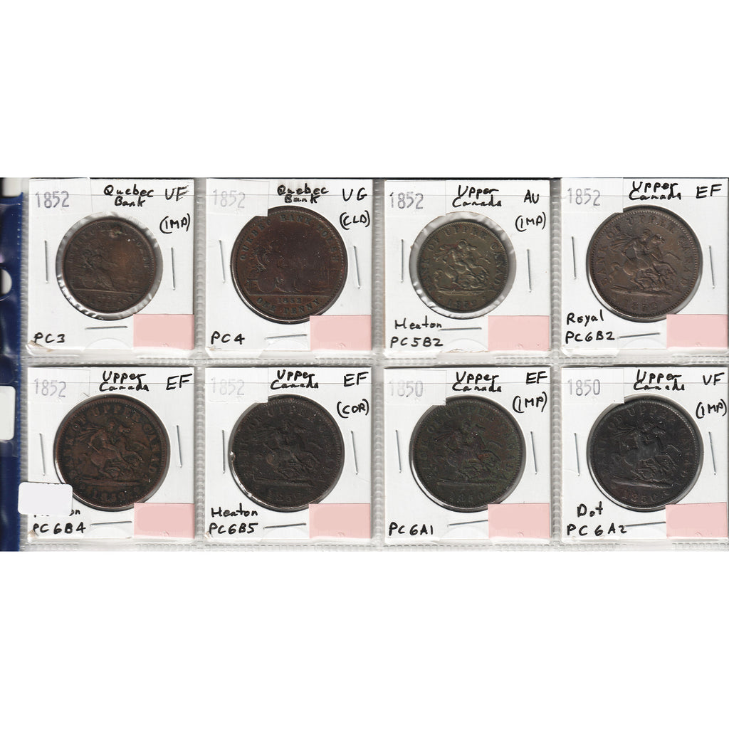 Lot of 8x 1850-1852 Upper Canada & Quebec Bank Tokens VG to AU, 8Pcs (Impaired)