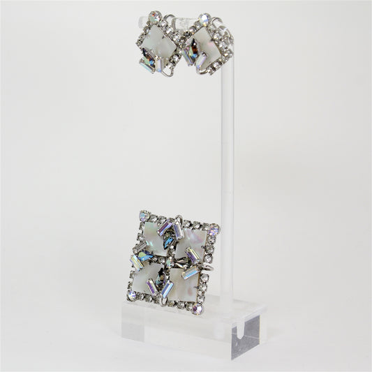 Lady's Sterling Silver 'Jay Flex' Vintage Floral & Mother of Pearl Brooch & Earring Set