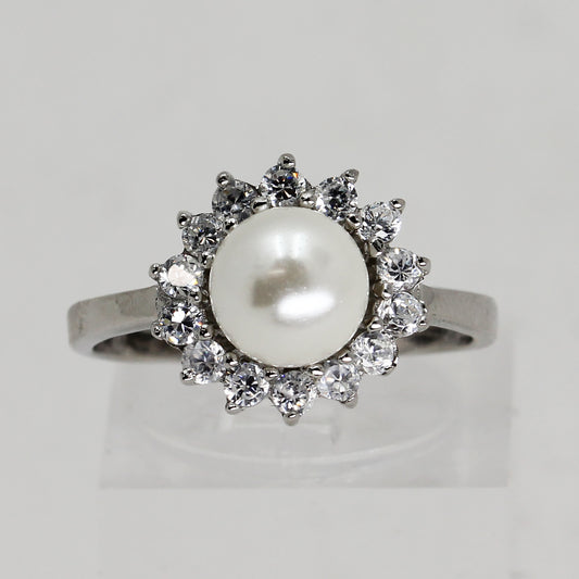 Sterling Silver Clear Stone & Faux Pearl Ring - Size 7