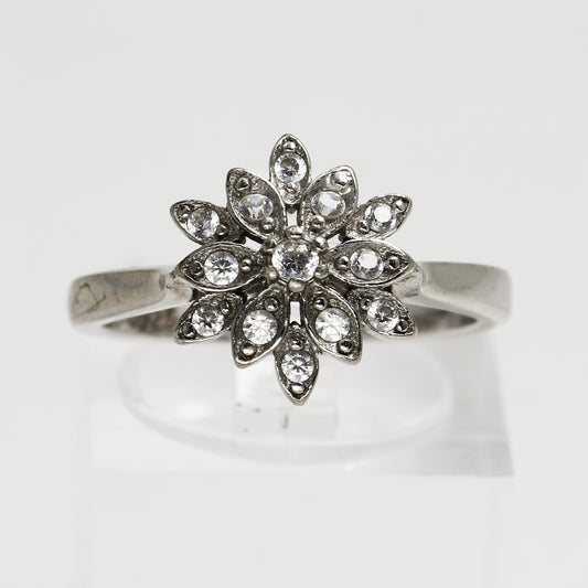 Sterling Silver Clear Stone Snowflake Ring - Size 6