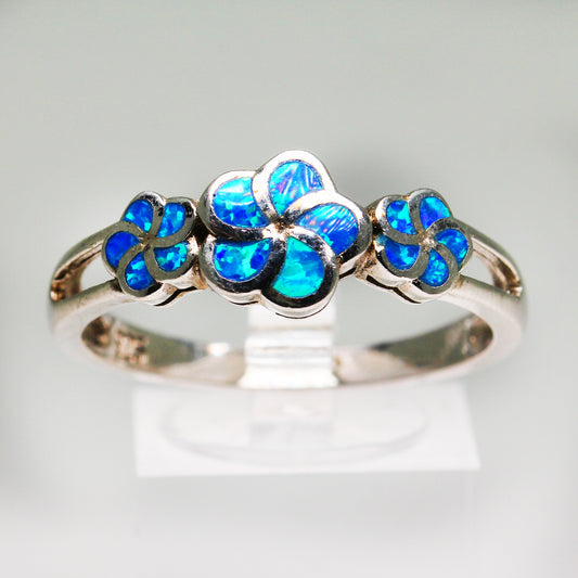 Sterling Silver Blue Iridescent Flower Ring - Size 13