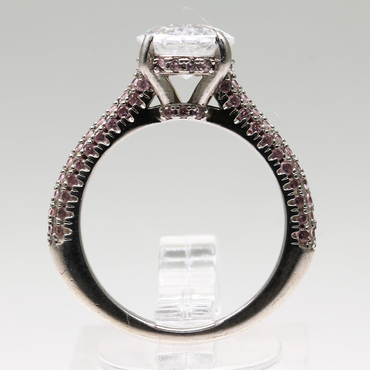 Sterling Silver Clear Stone Oval Ring w Pink Hidden Halo - Size 6