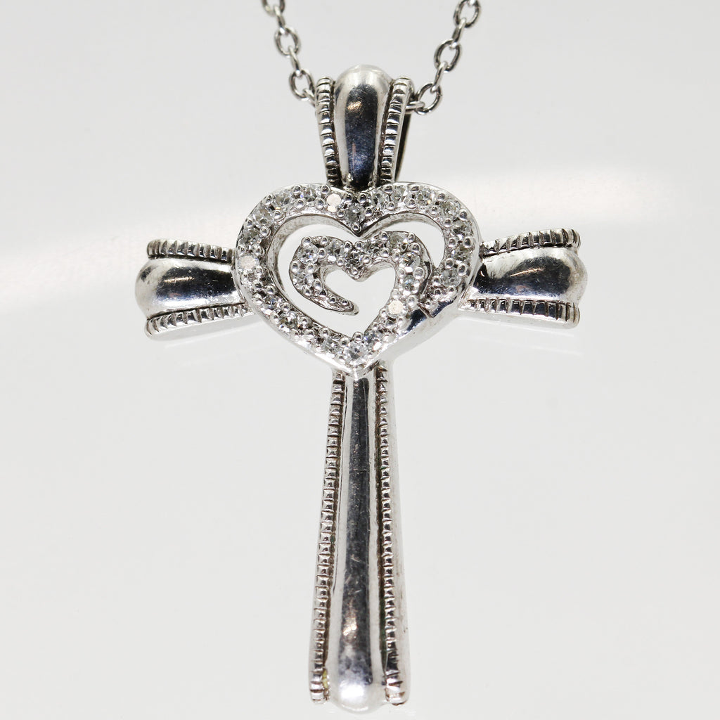 Lady's Sterling Silver Heart & Cross Necklace - 17"