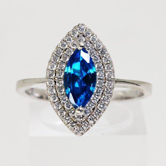 Sterling Silver Blue Marquis Halo Ring - Size 9