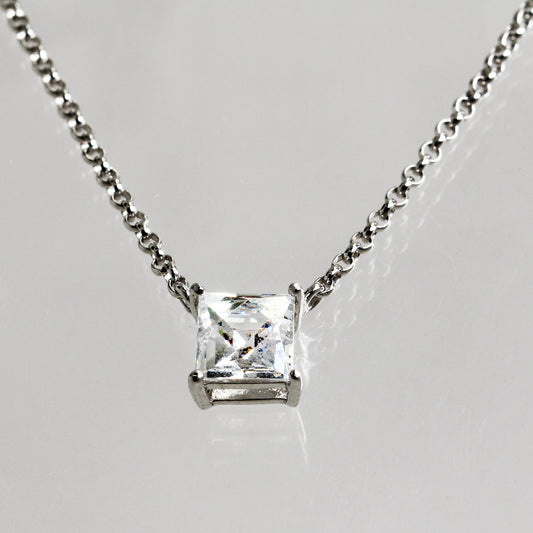 Sterling Silver Cable Link with Four-Prong Clear Stone Pendant - 16"