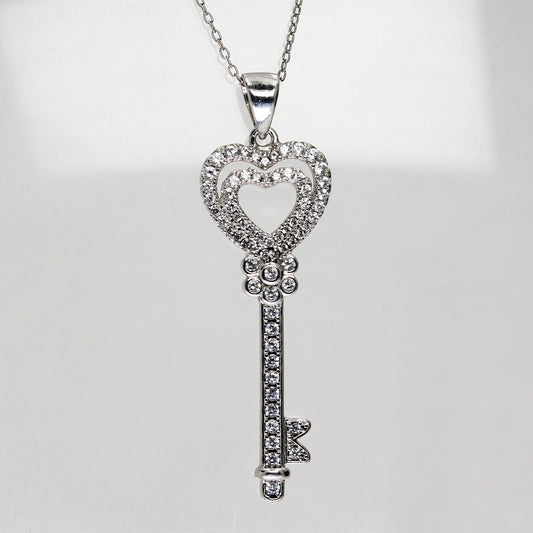 Sterling Silver Clear Stone Key Necklace - 18"
