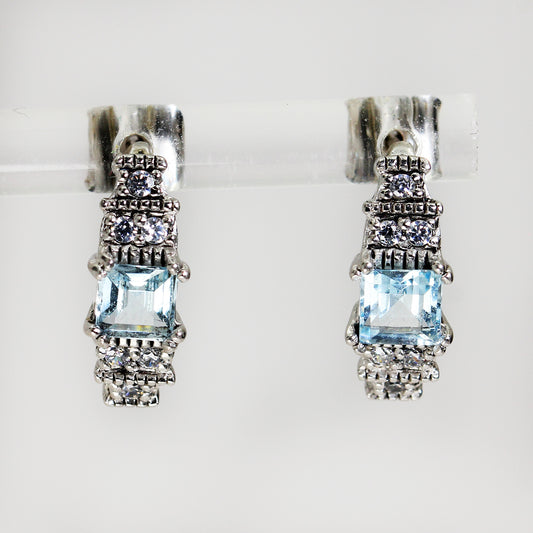 Sterling Silver Blue & Clear Stone Drop Earrings