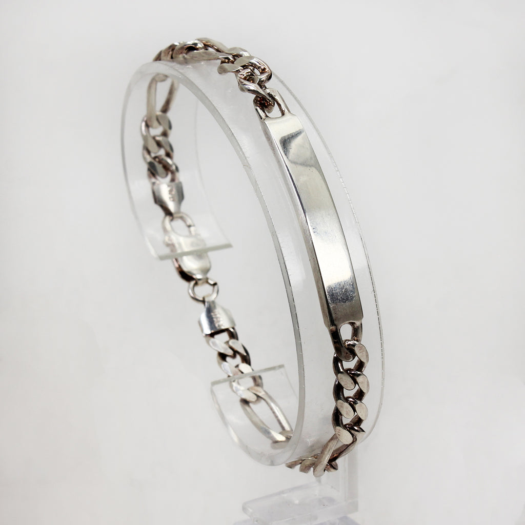 Sterling Silver Figaro Link Bracelet with Engravable Plate - 8 1/2"