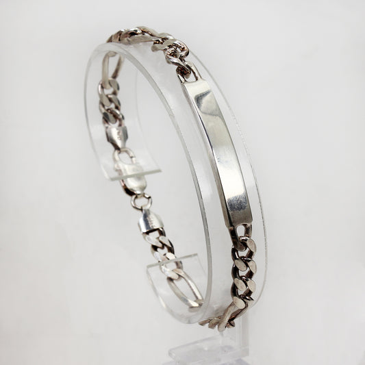 Sterling Silver Figaro Link Bracelet with Engravable Plate - 8 1/2"