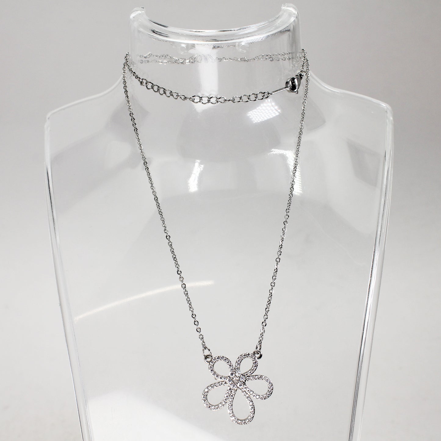 Sterling Silver Clear Stone Flower Necklace - 18"