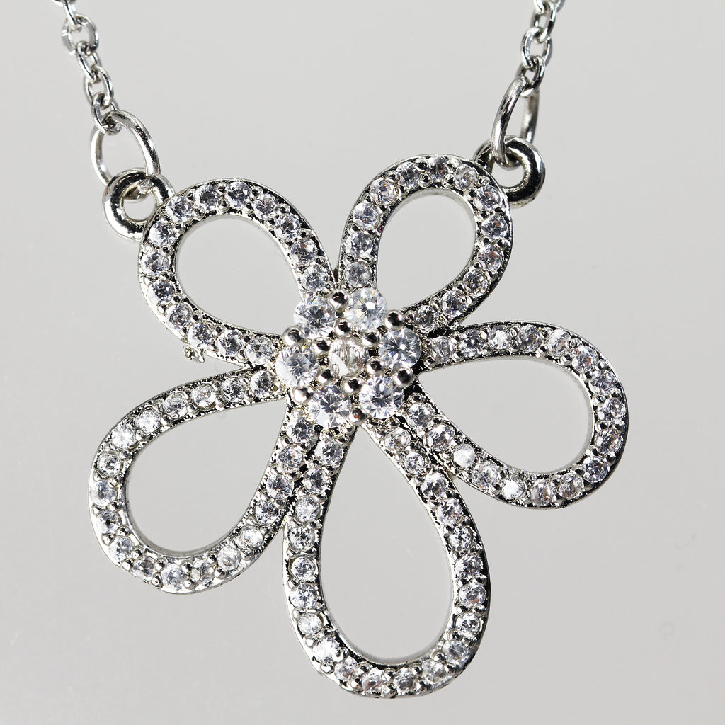 Sterling Silver Clear Stone Flower Necklace - 18"